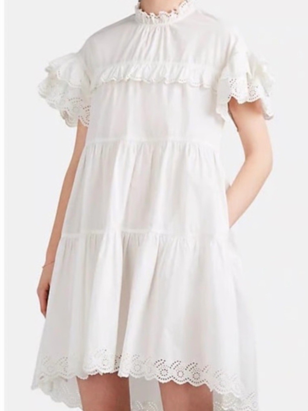 Ulla Johnson blanc leonie eyelet trapeze ruffled high neckline mini dress white.